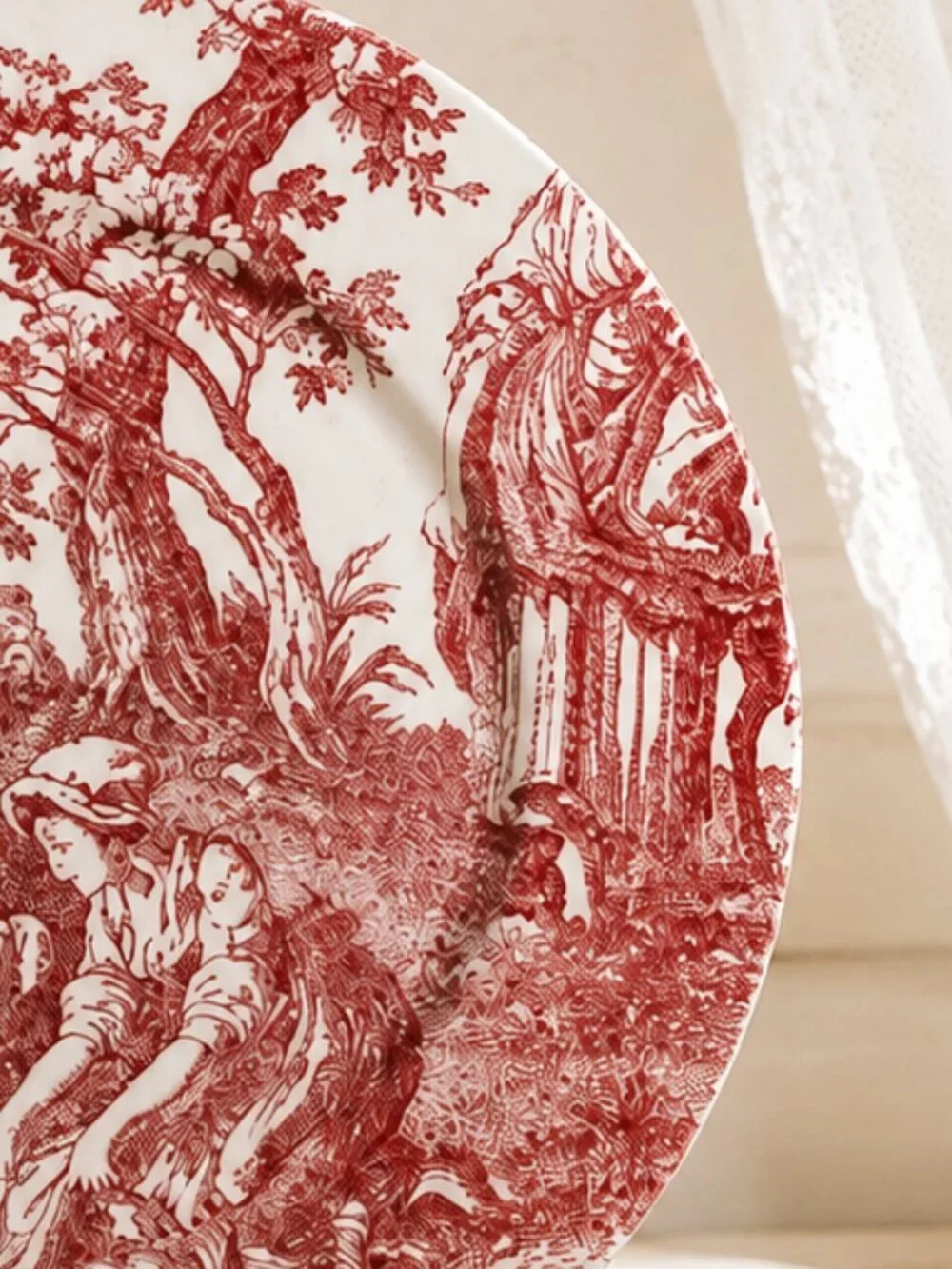 Vintage Red Toile De Jouy Country Life Pastoral Scene Charger Plate